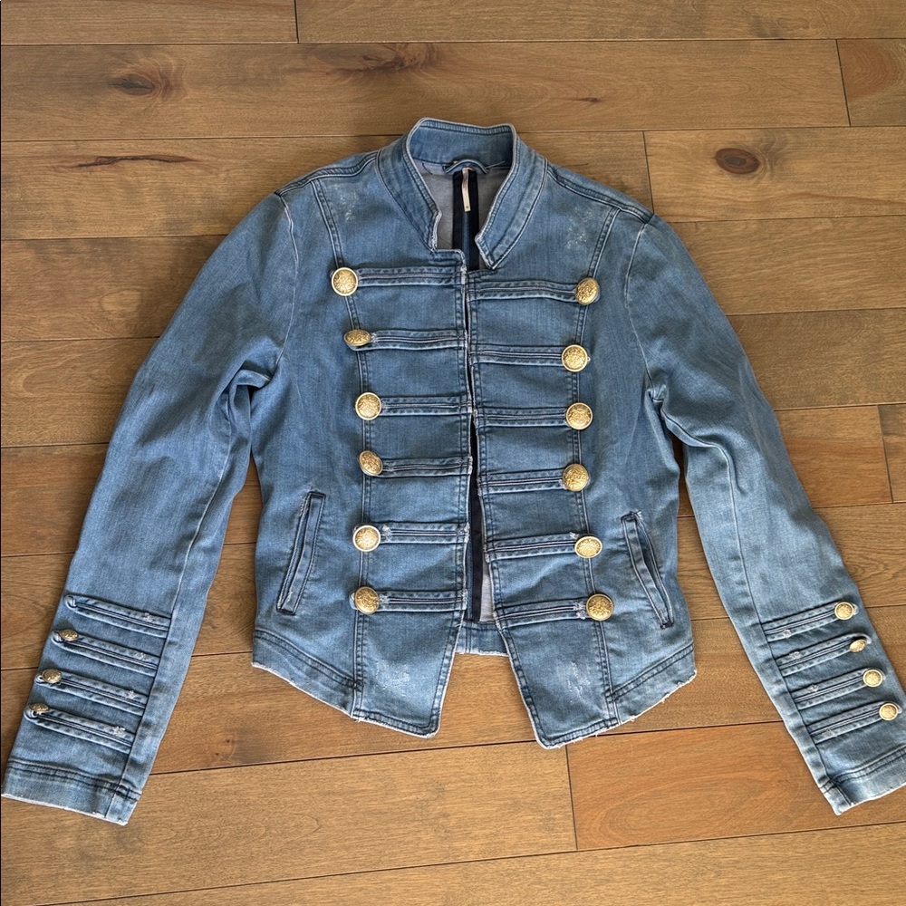 Free People Distressed Denim Military Jacket with Gold Accents